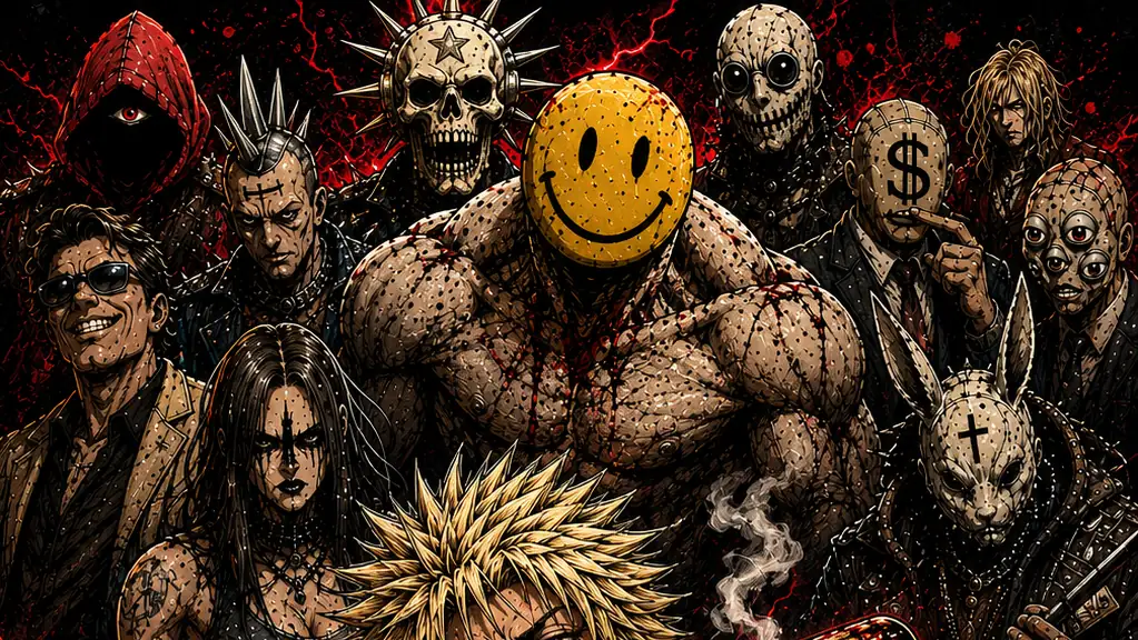 A crowd of masked and marked figures in red and black ink, one with a yellow smiley for a head.