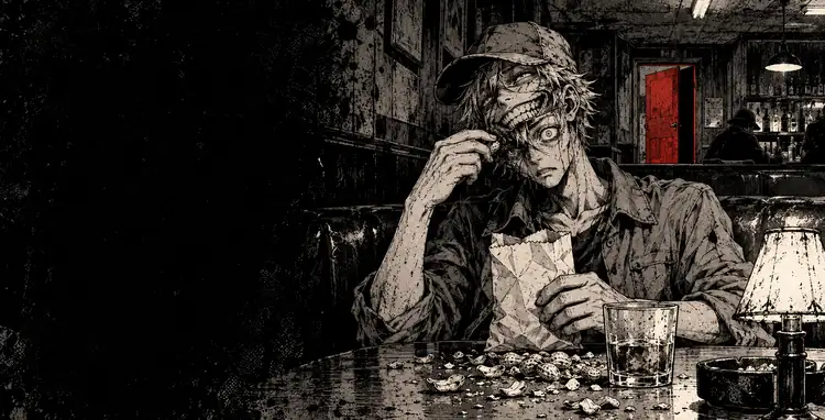 A thin man in a ball cap eats peanuts in a bar booth, his wide grin laid over a second, frightened face.