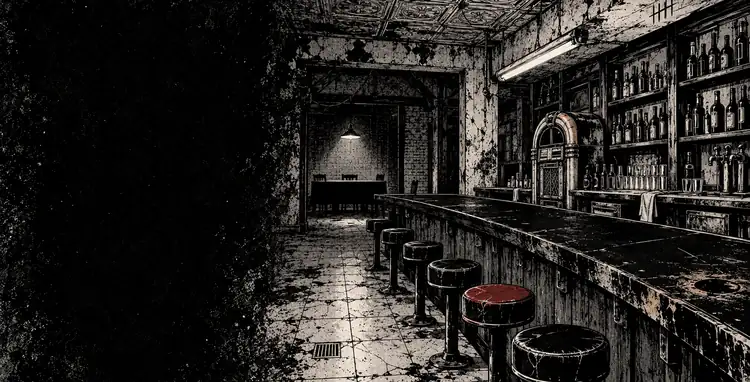 An empty bar: scarred counter, bolted stools, one red seat, a back table under a hanging lamp.