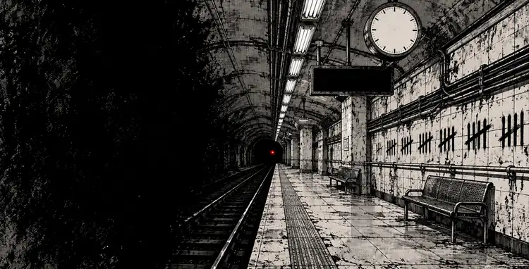 An empty U-Bahn platform: a clock with no hands, cable bundles on the tiles, tally marks on the wall, a red lamp in the tunnel.