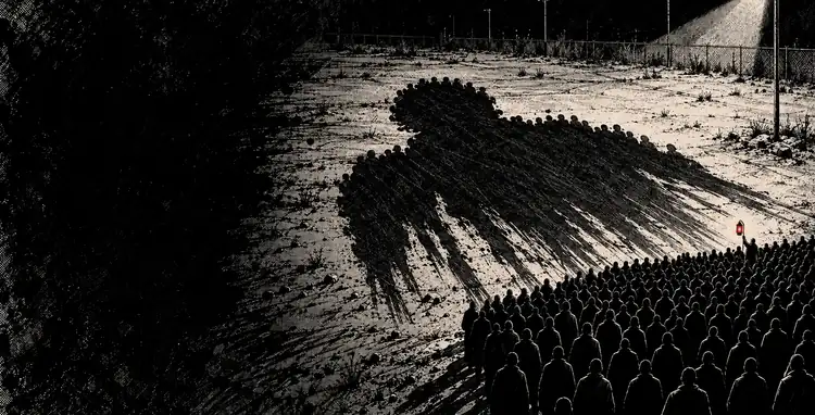 A crowd of faceless figures seen from behind, their shadow on the ground one huge shape, a red lantern at the front.