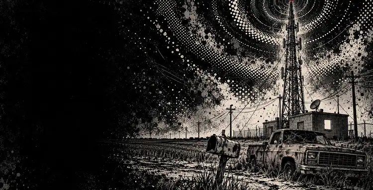 A radio tower on dead farmland at night, static spreading both ways from it, one lit window in the shack below.