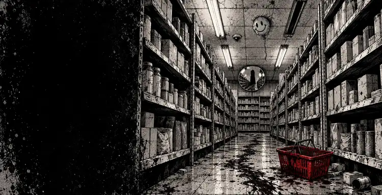 An empty store aisle under bad fluorescents, a wet smear on the floor and a red basket left behind.