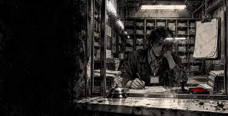 A tired clerk in a municipal jacket behind a basement service window, a bell and an ink pad on the counter.