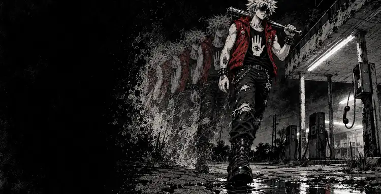 Verone steps onto a dead gas-station lot at night, bat on his shoulder, fading copies of him trailing behind.