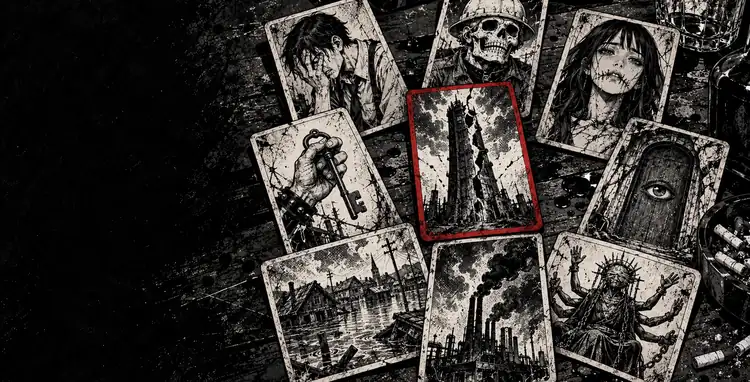 Nine cards hang over a bar-top, each with a different inked figure; one card bordered in red faces out.
