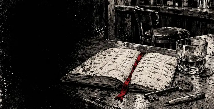 A ledger of tally marks on a bar-top, with an old key, a pencil, a short whiskey and an empty stool.