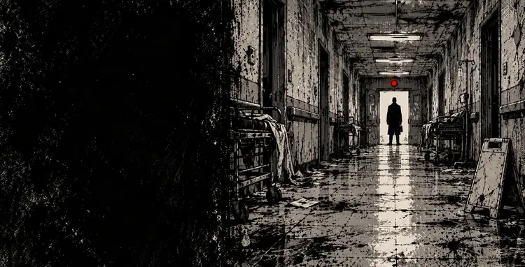 A man in silhouette at the far end of a dead hospital corridor, a folder at his side.