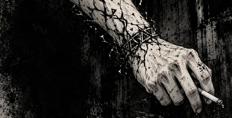 A pale forearm covered in black sigil tattoos, the ink crawling toward the wrist.