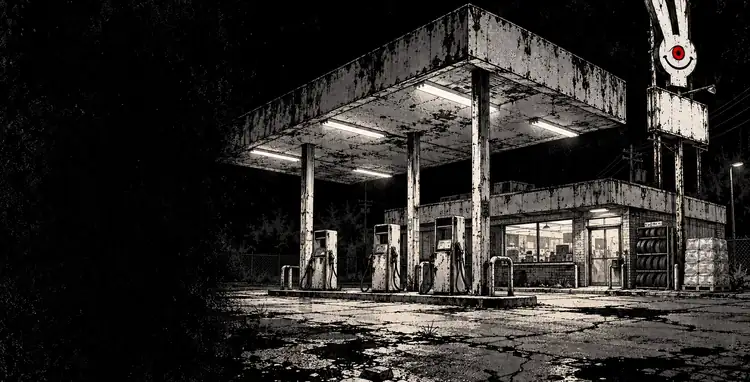 A gas station canopy at night: four pumps, tires and bagged ice by the door, a rabbit mascot on the pole sign with one red eye.
