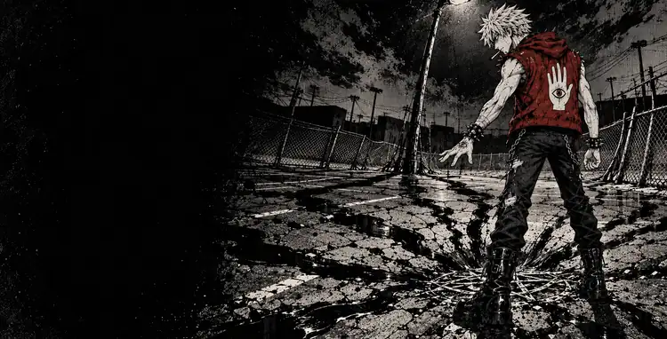Verone in an empty lot at night, one palm down, the asphalt cracking toward him and a light pole bending.