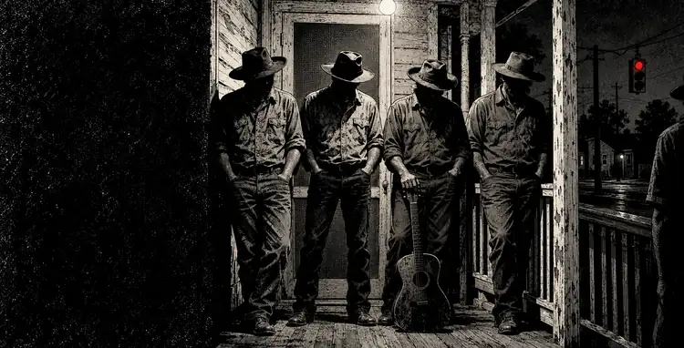 Four men in a porch bulb's light, faces under hat brims, a stoplight behind them, and a fifth man cut off at the frame edge.