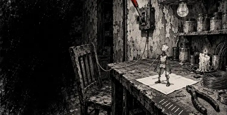 A workbench with a small wire-and-paper figure on a ruled sheet, a knife switch on the wall, a cord to an empty chair.