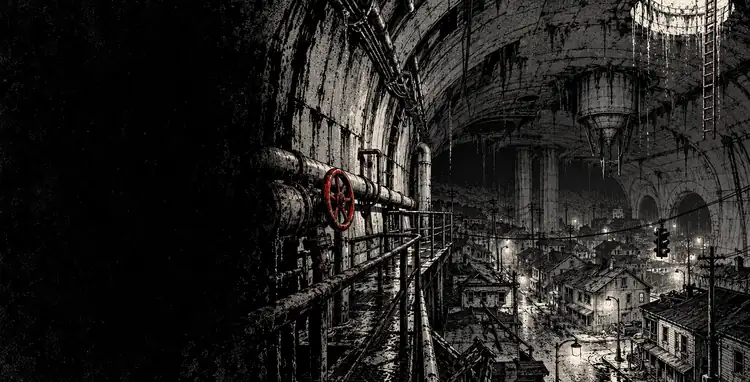 A storm-drain tunnel opening onto a buried twin of a small town, its rooftops packed under the concrete.