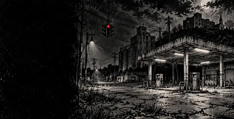 A small town's edge at night: a closed gas station, a flashing signal, a grain elevator, a dark hospital on the ridge.