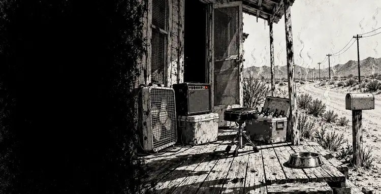 A porch at the end of a bleached road: a box fan aimed at a guitar amp, a cooler, a drum throne, heat shimmer off the dirt.