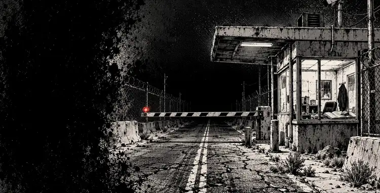 A desert checkpoint at night, its barrier down and locked, the booth lit and empty, a ledger open on the counter.