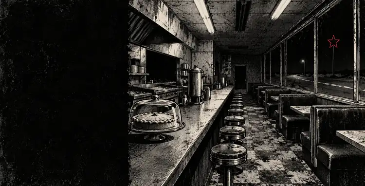 An empty all-night diner: a long counter, bolted stools, a pie under glass, and a red star sign out on a dark road.