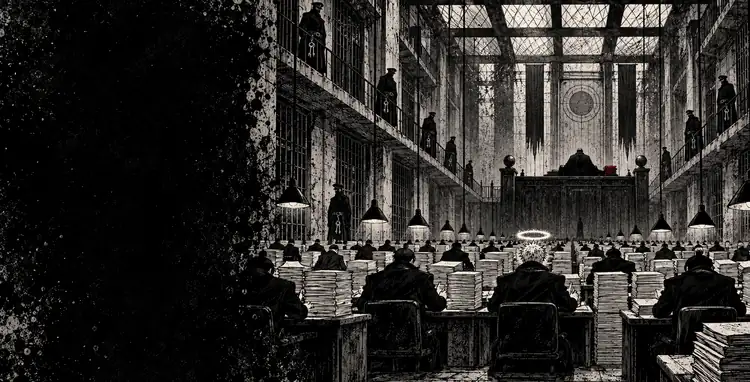 A vast records hall: clerks in rows seen from behind, wardens with key rings on the balconies above.