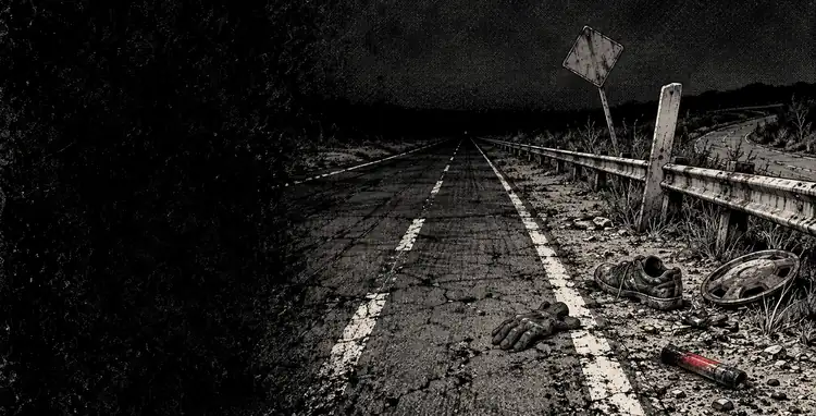 An empty two-lane road at night: a glove, a shoe and a hubcap on the shoulder, a bent sign, a burnt-out red flare.