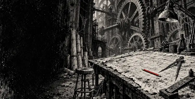 An empty workbench in a dark workshop, gears on the wall, a red pencil left lying on the plans.