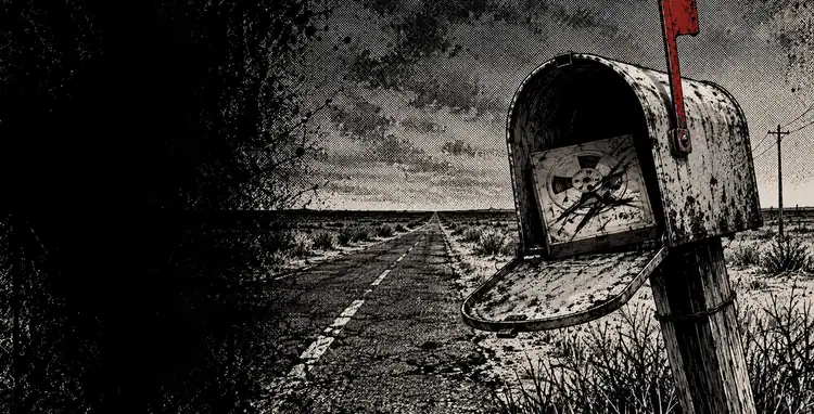 A mailbox at the end of an empty road, flag up, a tape-reel box with a grease-pencil scrawl lying in it.