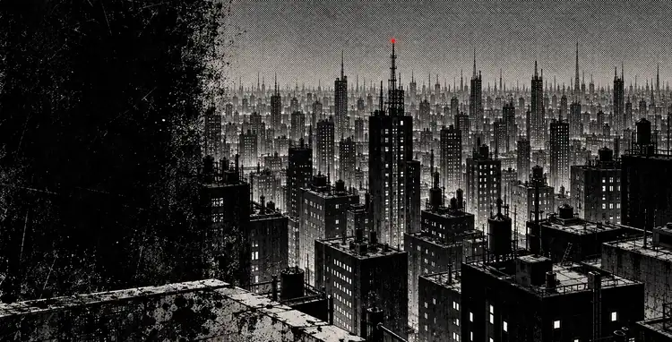 A view over rooftops of towers that never stop, row behind row to the edge of the frame, one red lamp on a mast.