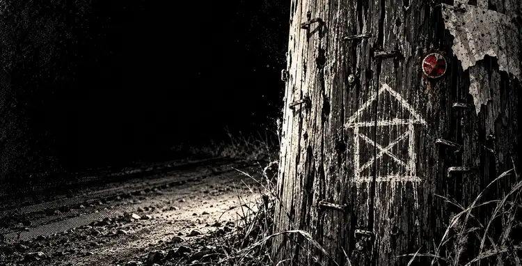 A child's house chalked low on a wooden pole at night, an X inside it, a dirt road falling away into black.