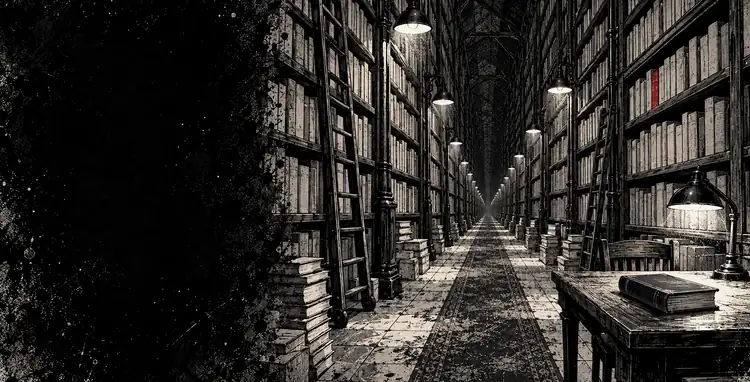 A library aisle with shelves rising out of sight, ladders and lamps, a closed book on a reading table, one red spine.