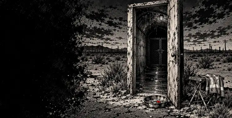 A lone doorframe standing in open desert, its door ajar on darkness, something red left at the threshold.