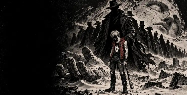 Verone stands in a wasteland with a long line of dark figures behind him.