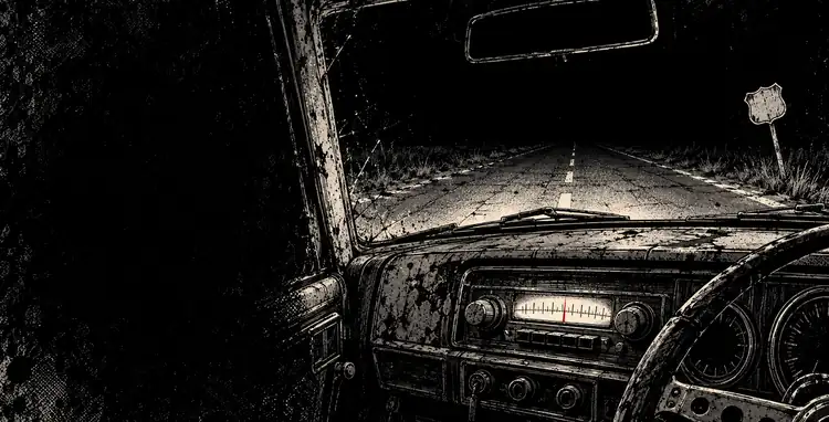 A car dashboard at night: the radio dial's red needle between stations, a dark two-lane road ahead.