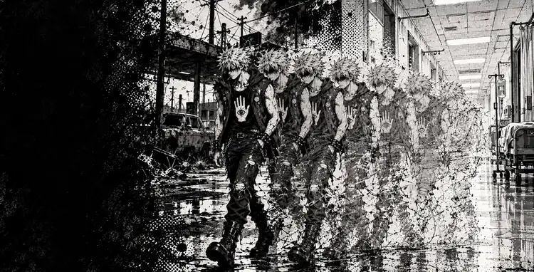 A figure walks a hospital corridor, a trail of copies of him dissolving behind.