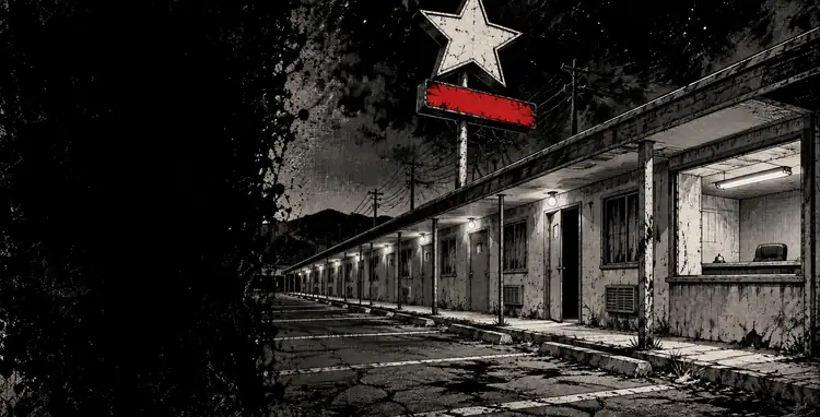 A motel at night: a row of numberless doors under bare bulbs, a star-topped pole sign, the office lit and empty.