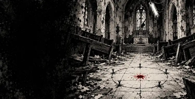 A ruined hospital chapel, pews broken, a red mark at the center of a design scratched into the floor.