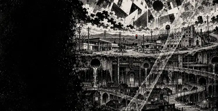 A city in layers, one under another, with debris falling through the levels.