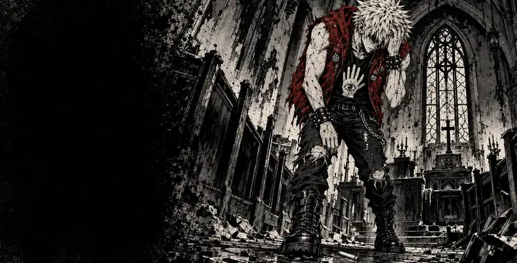 Verone in a ruined chapel, one hand to his head, listening.