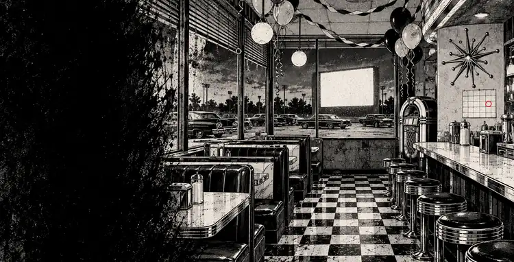 An empty 1950s diner dressed for a sock hop: checkerboard floor, jukebox, balloons, hot rods and a drive-in screen outside.