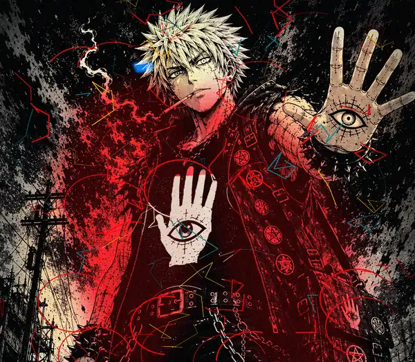 Verone, the True Mage, one hand raised, an eye drawn in the palm. A power pole and red static behind him.