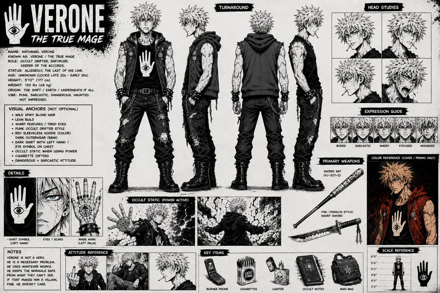 Verone's model sheet in black and white: turnaround, head studies, expression guide, weapons and key items.