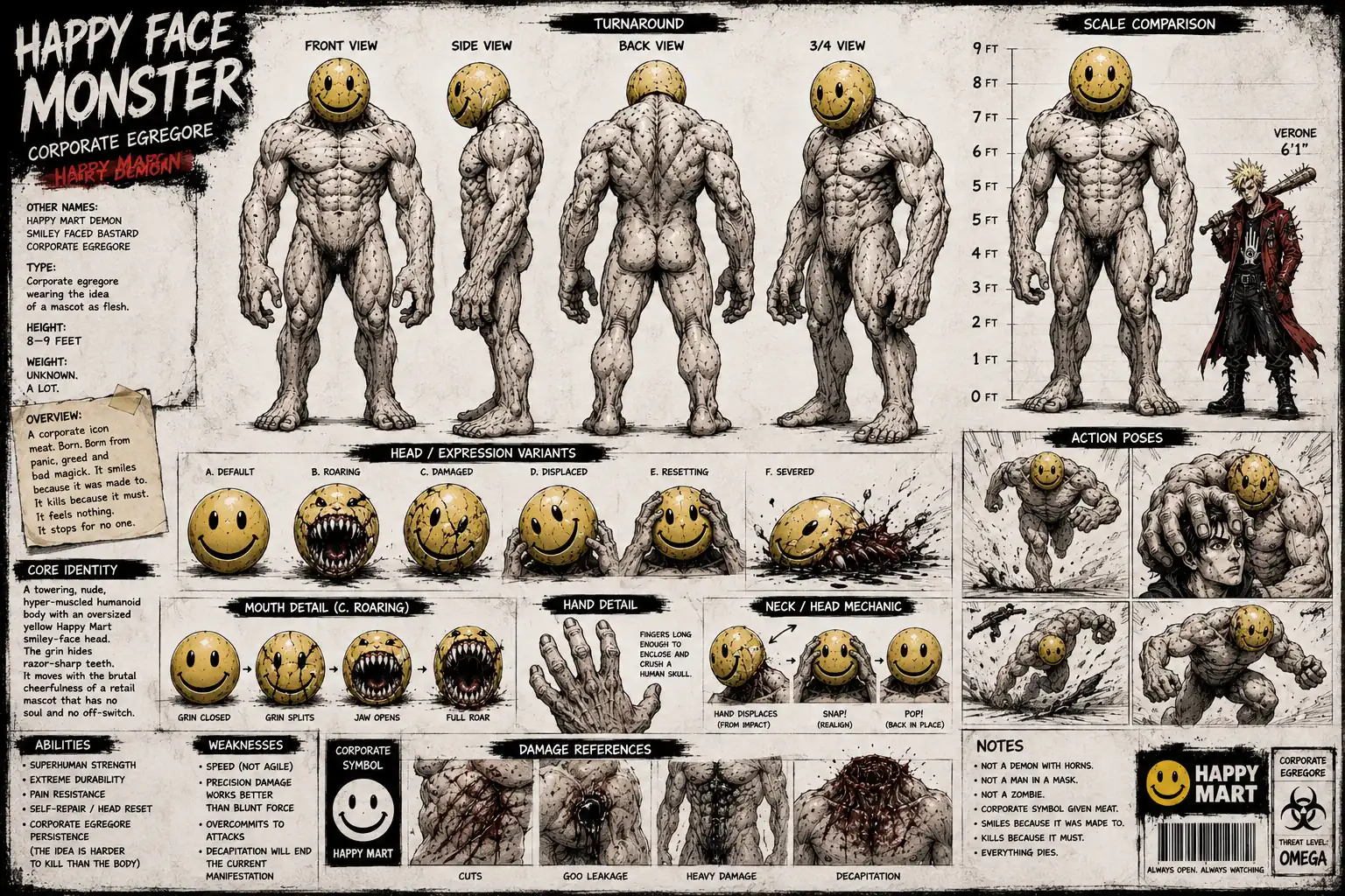 The Happy Face Monster's model sheet: turnaround, scale against Verone, head variants, hand and neck detail, abilities and weaknesses.