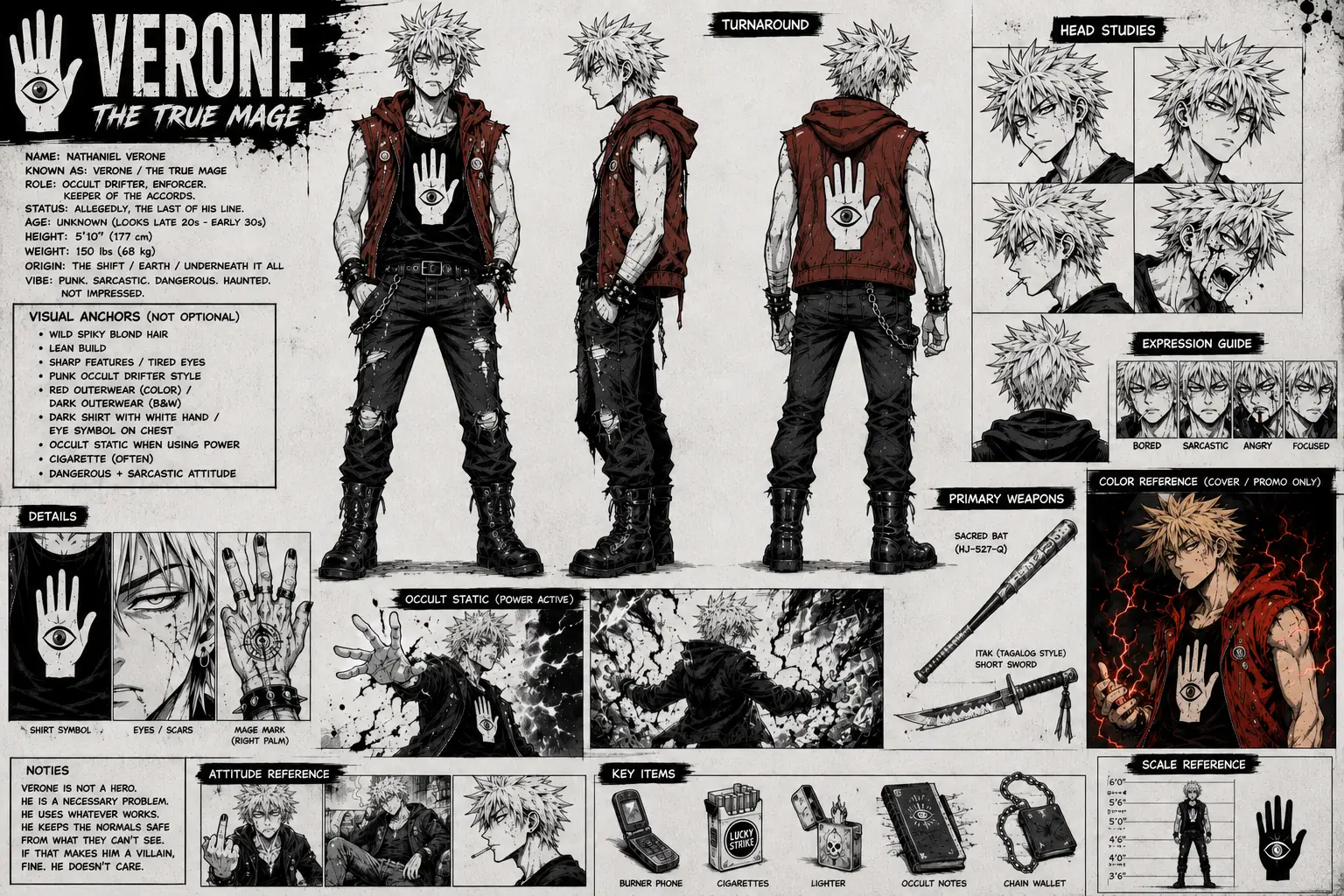 Verone's model sheet: turnaround, head studies, expression guide, weapons and key items.